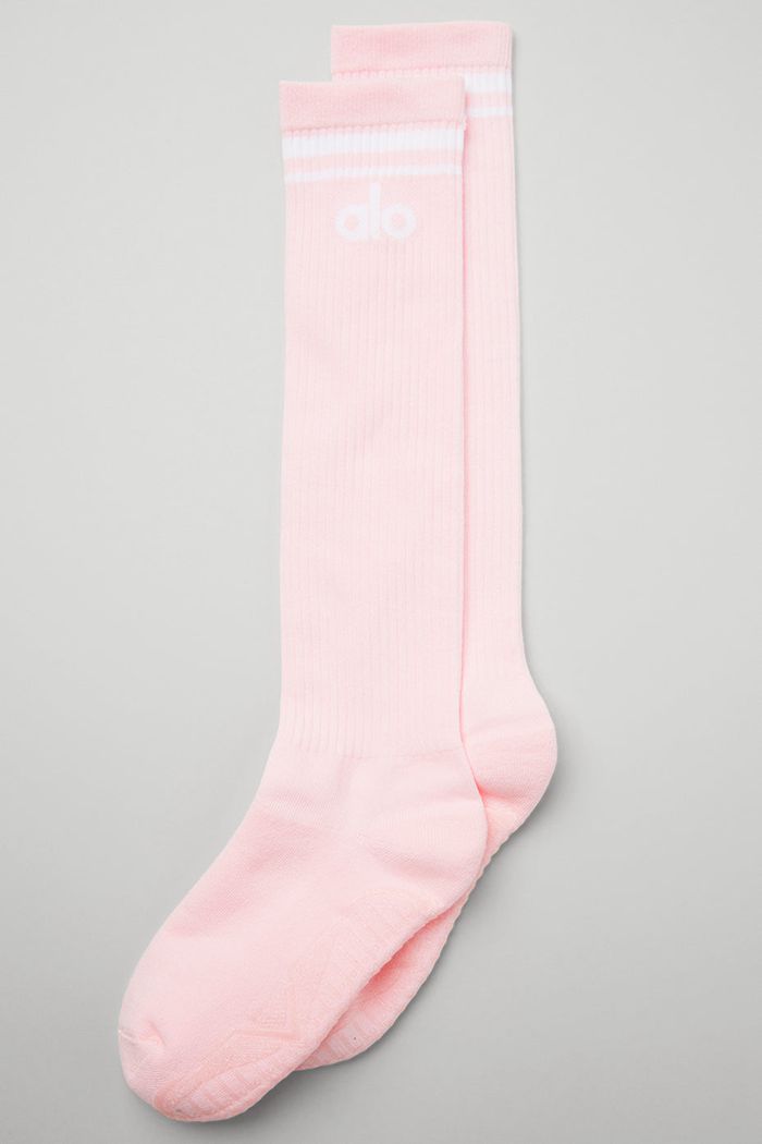 Alo Yoga Knee-High Throwback Barre Women\'s Socks Pink White | YKJTGEZ-31