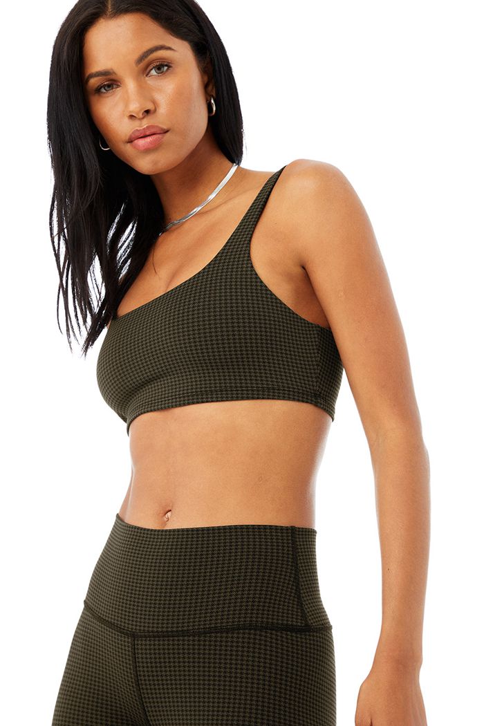 Alo Yoga Micro Houndstooth Women\'s Bras Dark Olive Black | AFCWLBR-67