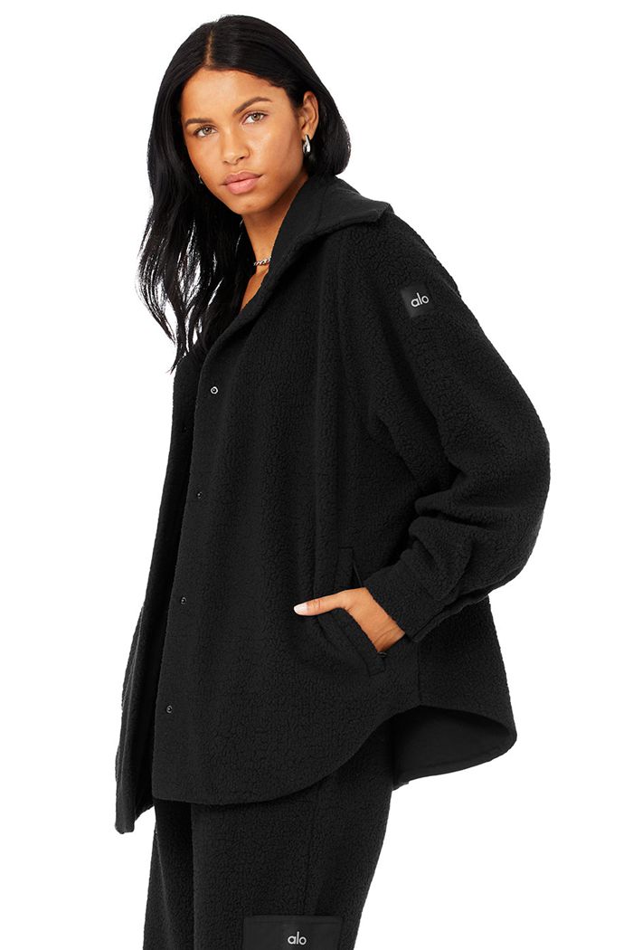 Alo Yoga Micro Sherpa Envy Shacket Women's Jackets Black | IKDQJLT-69