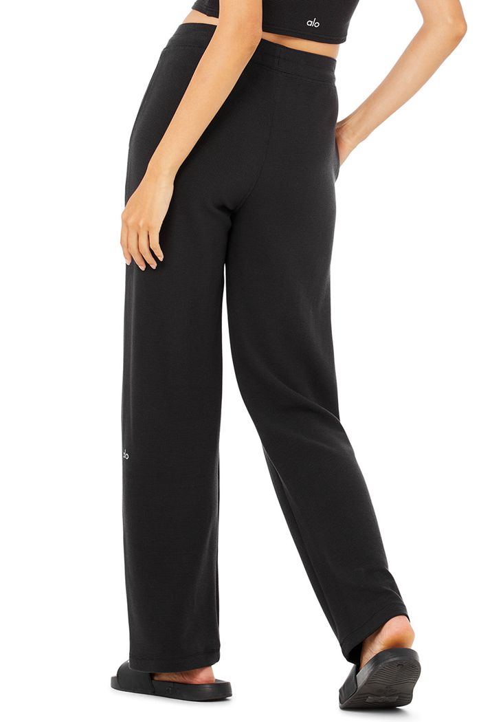 Alo Yoga Micro Waffle High-Waist Pleasant Wide Leg Women's Pants Black | BUZMVTP-50