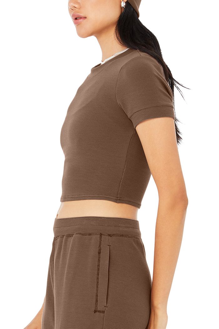 Alo Yoga Micro Waffle High-Waist Pleasant Wide Leg Women's Pants Brown | LNIJEHF-46