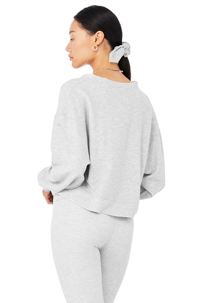 Alo Yoga Micro Waffle Pleasant Cropped Henley Women's Long Sleeve Grey | CUXNZVF-40