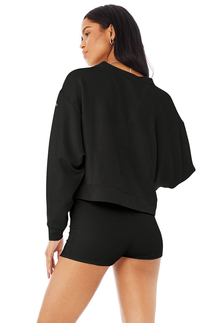 Alo Yoga Micro Waffle Pleasant Cropped Henley Women's Long Sleeve Black | MKPWVDH-18