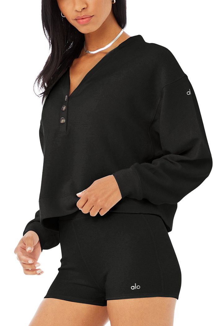 Alo Yoga Micro Waffle Pleasant Cropped Henley Women's Long Sleeve Black | MKPWVDH-18