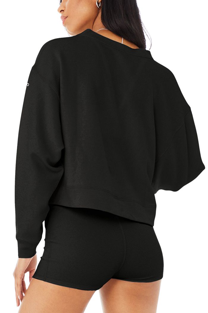 Alo Yoga Micro Waffle Pleasant Cropped Henley Women's Long Sleeve Black | MKPWVDH-18