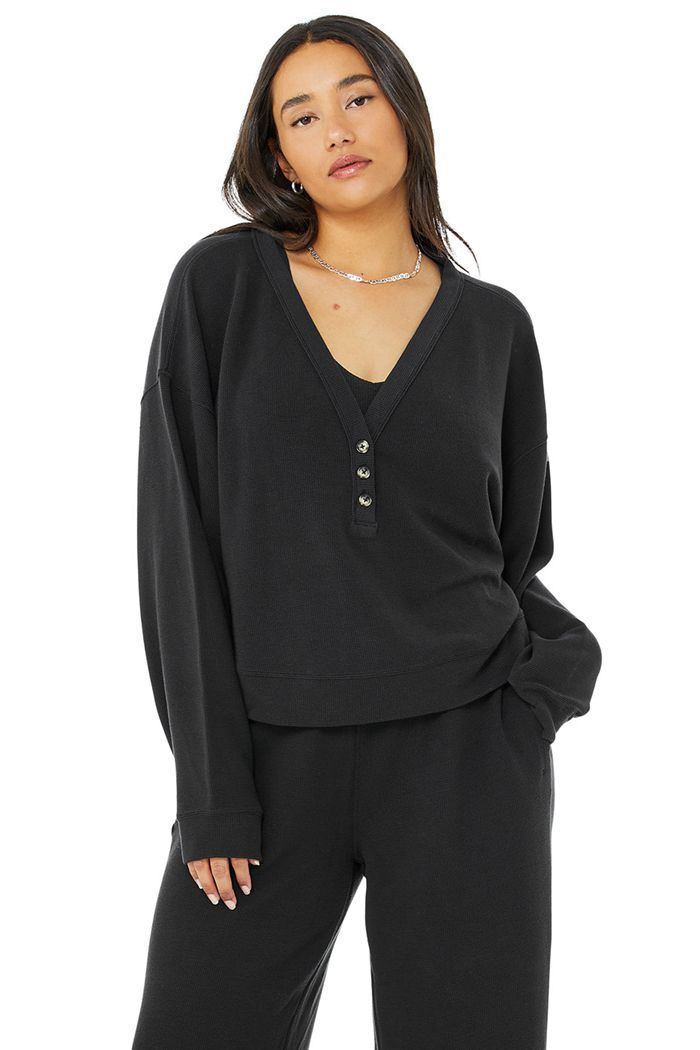 Alo Yoga Micro Waffle Pleasant Cropped Henley Women's Long Sleeve Black | MKPWVDH-18