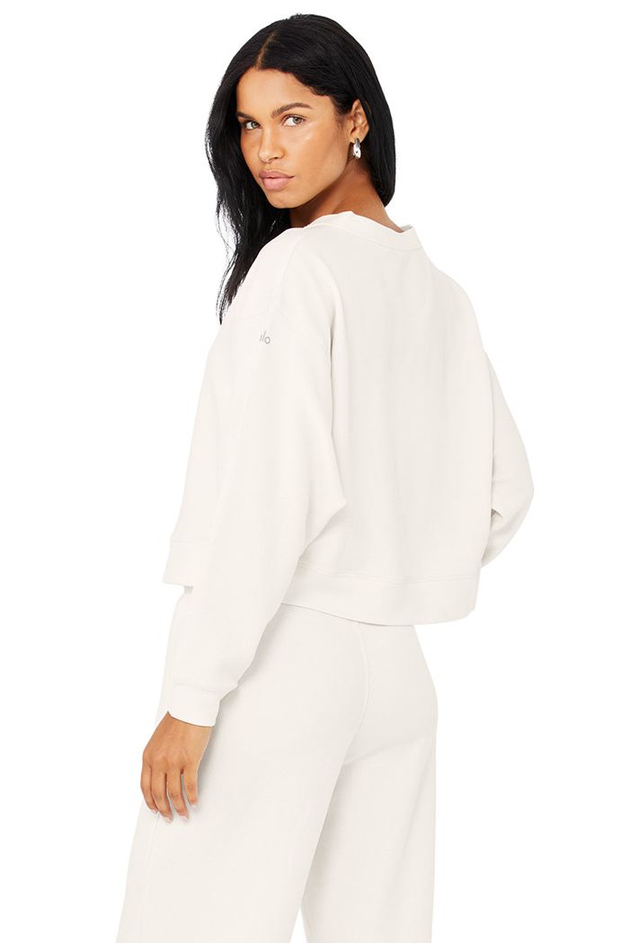 Alo Yoga Micro Waffle Pleasant Cropped Henley Women's Long Sleeve White | NBQLYZJ-34