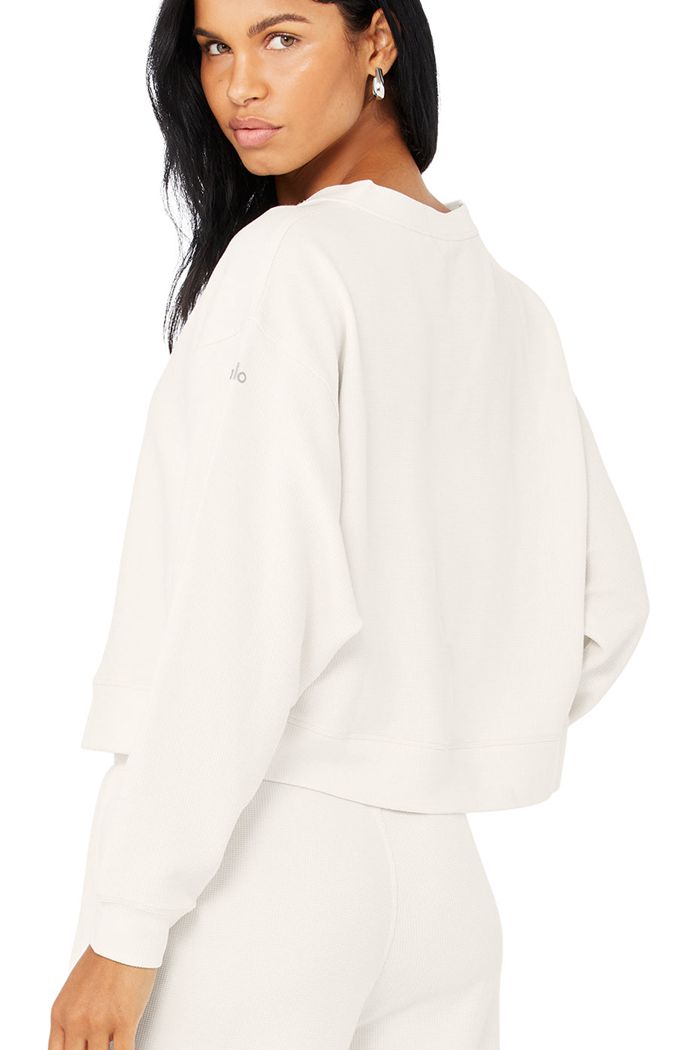 Alo Yoga Micro Waffle Pleasant Cropped Henley Women's Long Sleeve White | NBQLYZJ-34