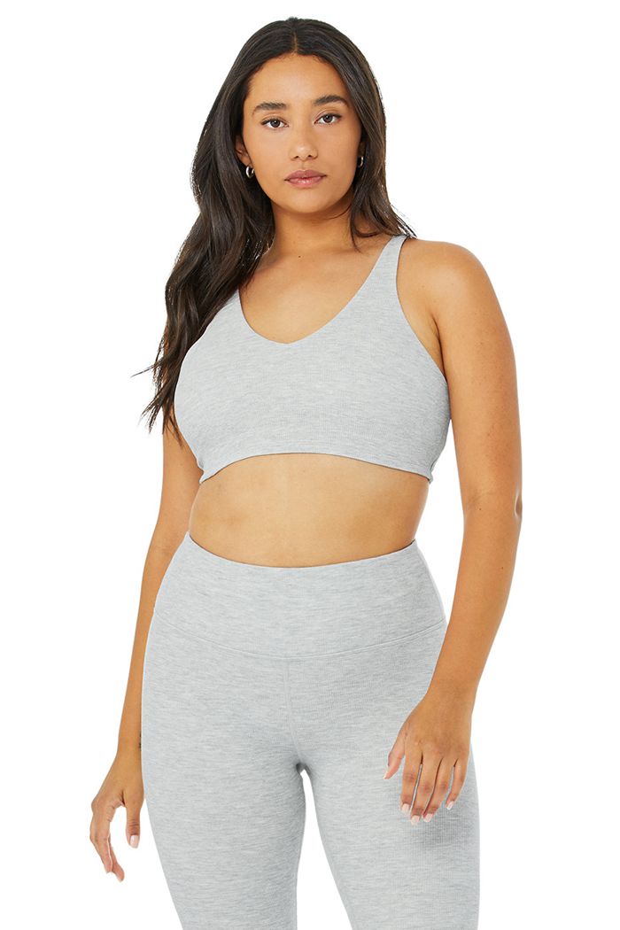 Alo Yoga Micro Waffle Pleasant Women's Bras Grey | BLUXAIN-23