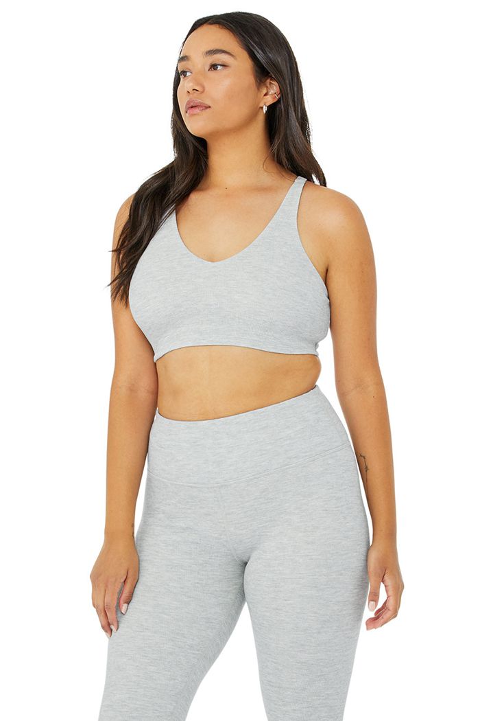 Alo Yoga Micro Waffle Pleasant Women's Bras Grey | BLUXAIN-23