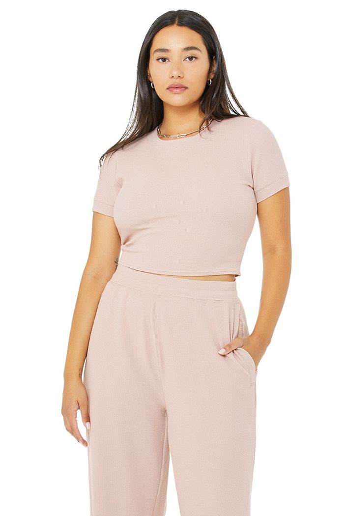 Alo Yoga Micro Waffle Sierra Women's Short Sleeve Pink | GVFTSZC-85