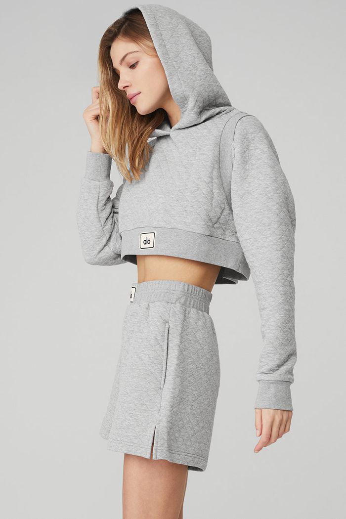 Alo Yoga Quilted Cropped Arena Women's Hoodie Grey | HRZYWUB-32