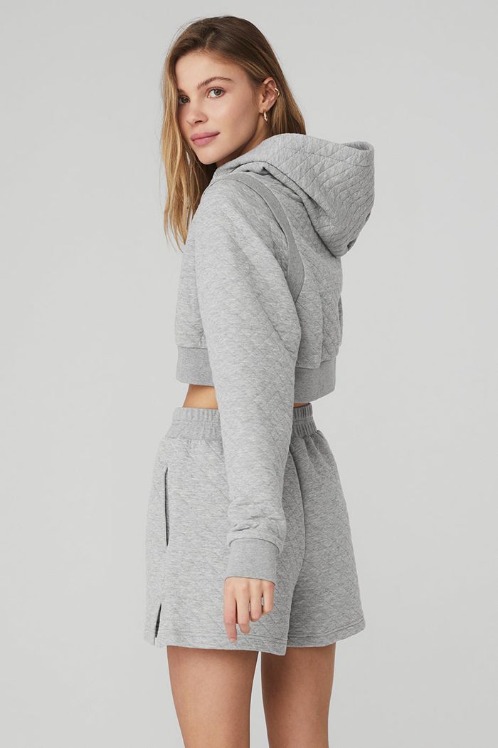 Alo Yoga Quilted Cropped Arena Women's Hoodie Grey | HRZYWUB-32