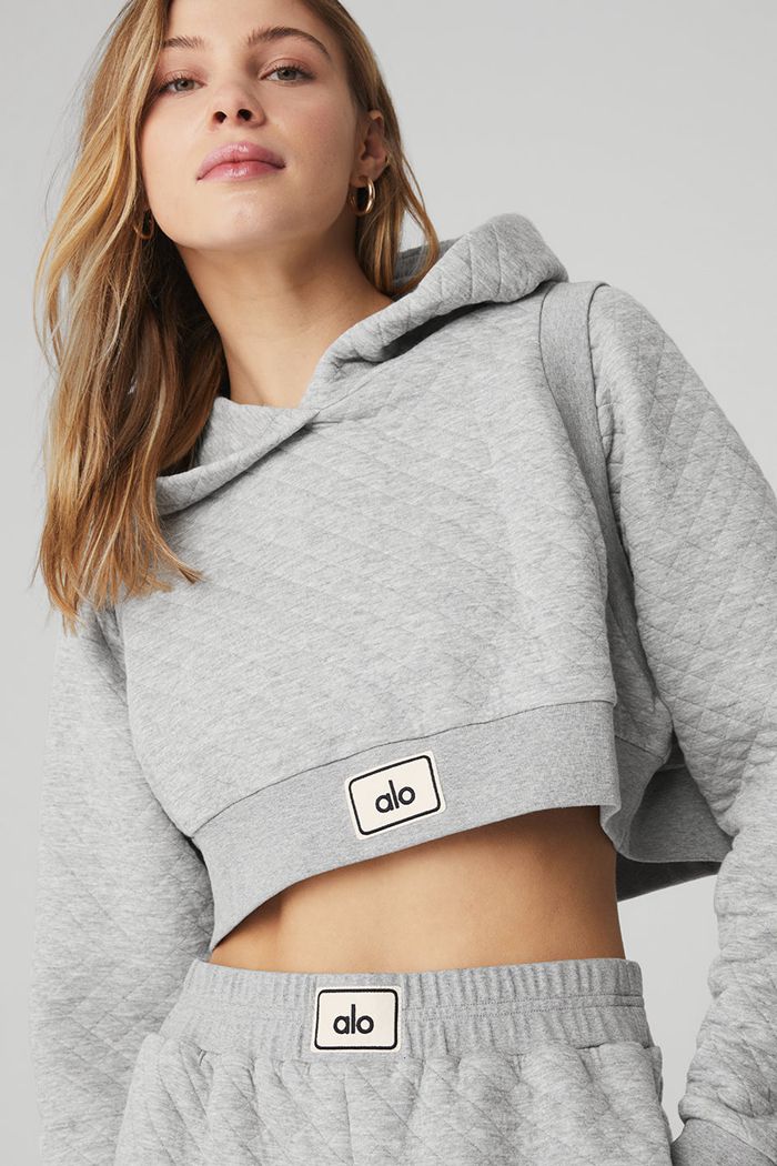 Alo Yoga Quilted Cropped Arena Women's Hoodie Grey | HRZYWUB-32