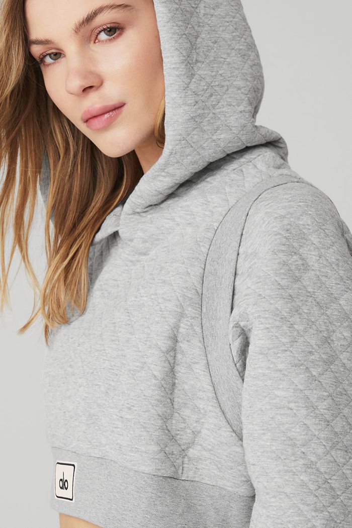 Alo Yoga Quilted Cropped Arena Women's Hoodie Grey | HRZYWUB-32