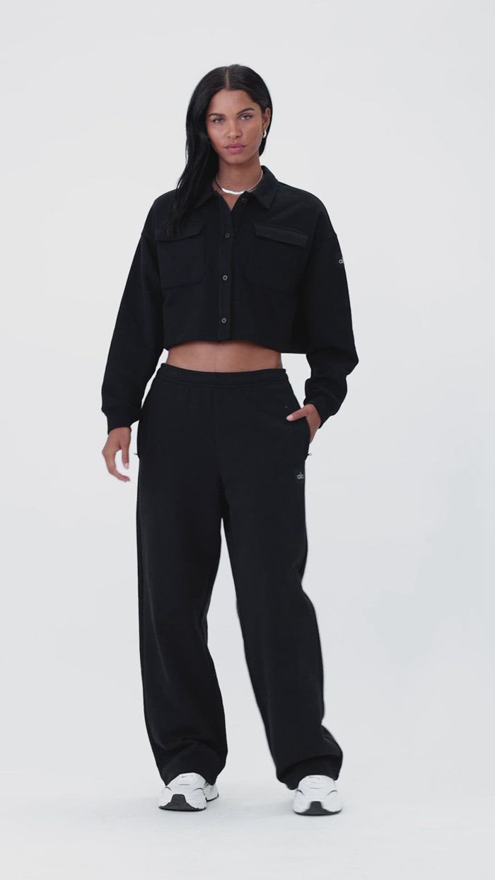 Alo Yoga Renown Cropped Button-Up Women's Pullover Black | CLGDAIX-47