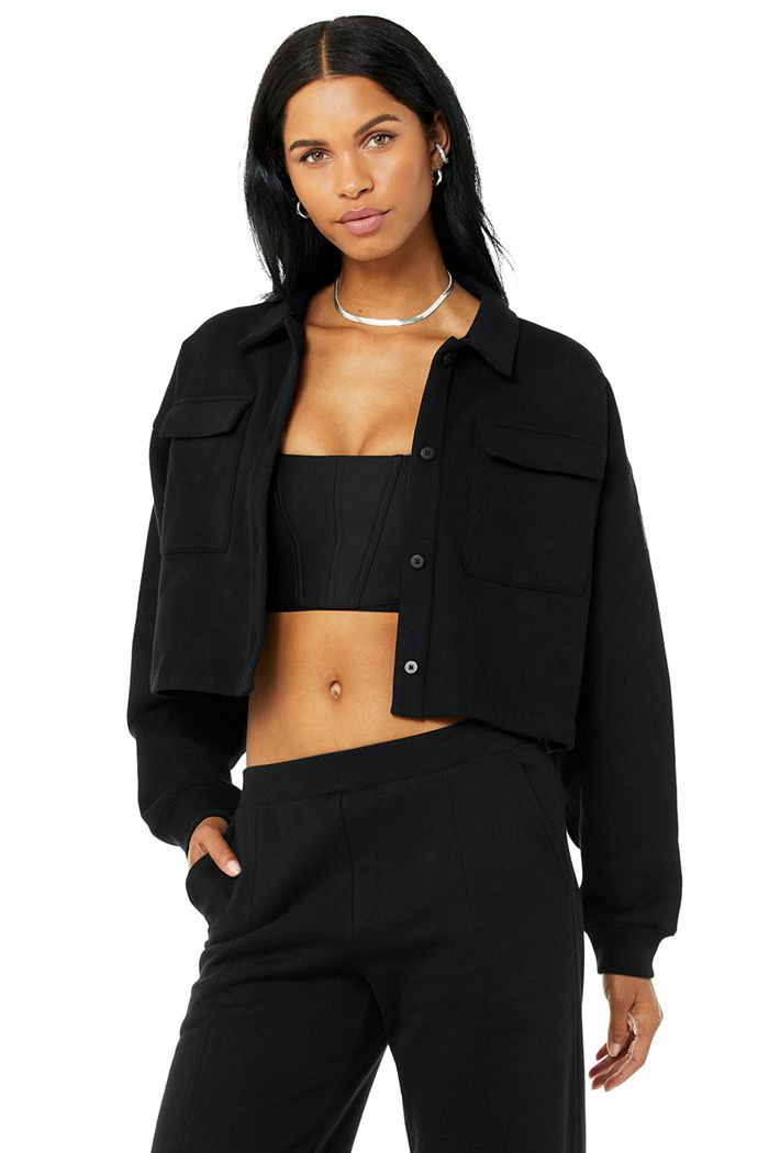 Alo Yoga Renown Cropped Button-Up Women's Pullover Black | SUQPMRT-81