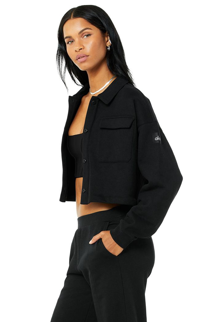 Alo Yoga Renown Cropped Button-Up Women's Pullover Black | SUQPMRT-81