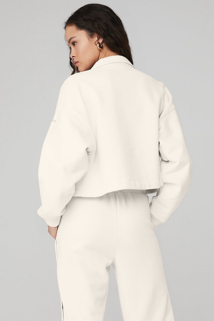 Alo Yoga Renown Cropped Button-Up Women's Pullover White | VIGFSQT-71