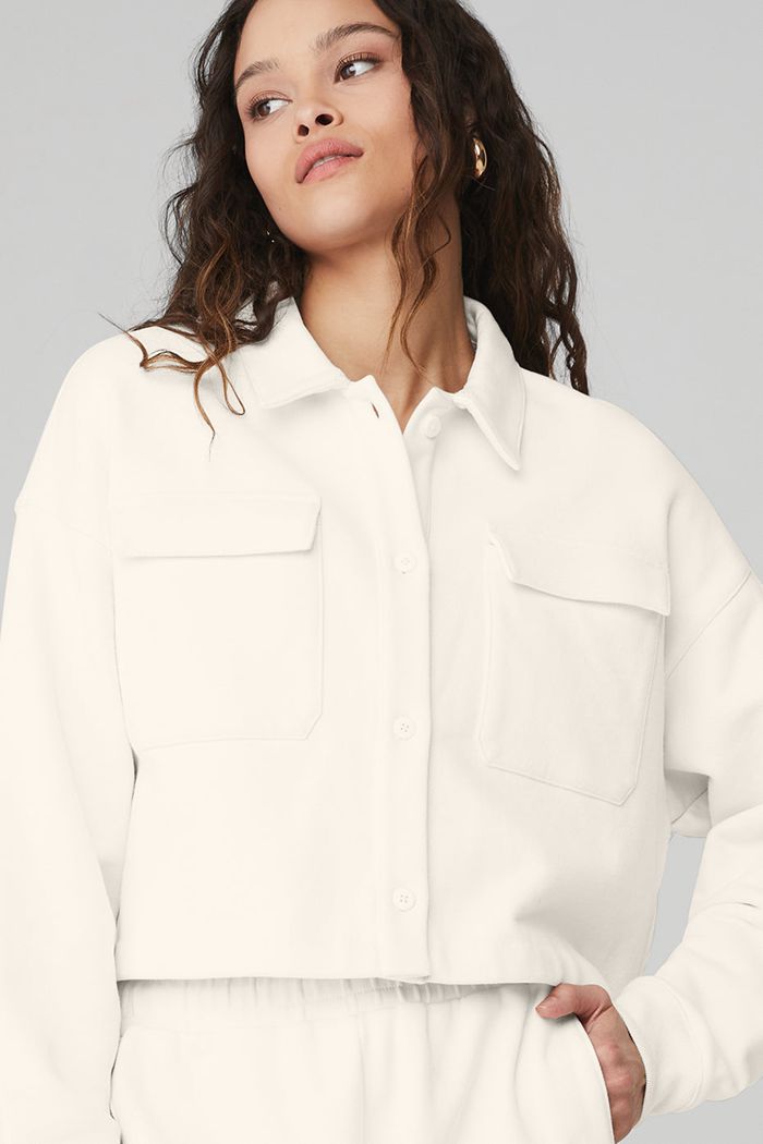 Alo Yoga Renown Cropped Button-Up Women's Pullover White | VIGFSQT-71