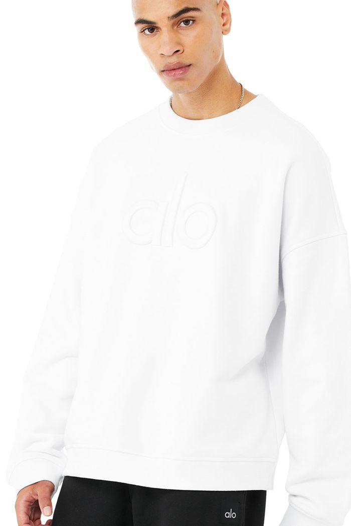 Alo Yoga Renown Heavy Weight Emblem Crew Neck Men's Pullover White | TAHLQKV-83