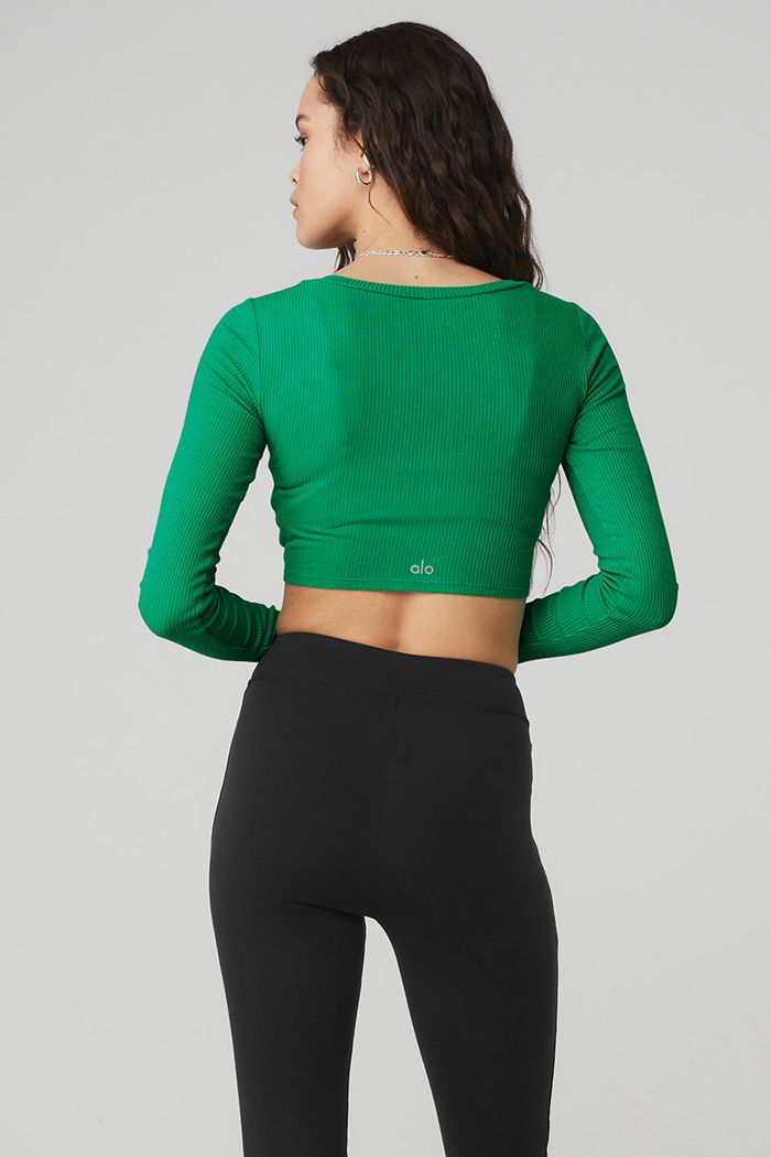 Alo Yoga Ribbed Cinch Cropped Women's Long Sleeve Green Turquoise | DEFNKTI-30