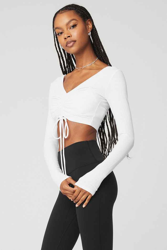 Alo Yoga Ribbed Cinch Cropped Women's Long Sleeve White | EYIQGAJ-02