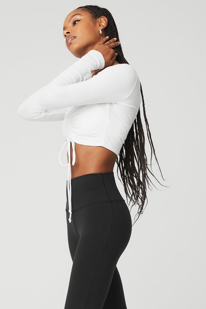 Alo Yoga Ribbed Cinch Cropped Women's Long Sleeve White | EYIQGAJ-02