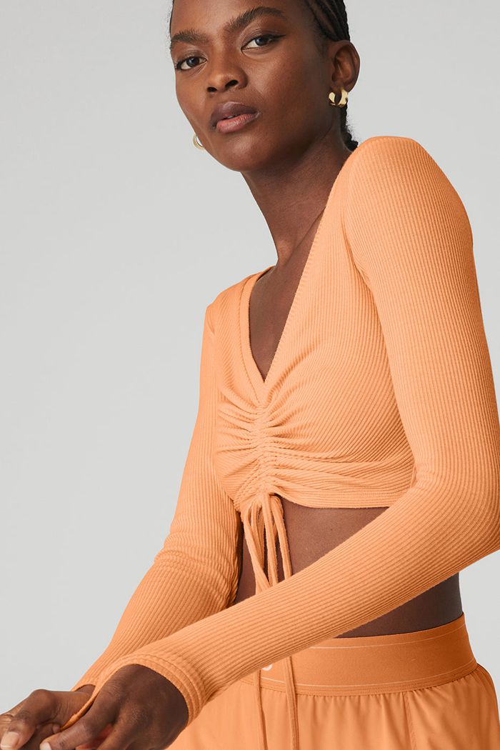 Alo Yoga Ribbed Cinch Cropped Women's Long Sleeve Orange | IYSZKPE-91