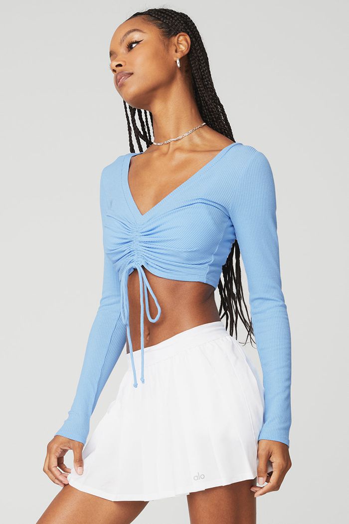 Alo Yoga Ribbed Cinch Cropped Women's Long Sleeve Blue | LRZPIAF-30