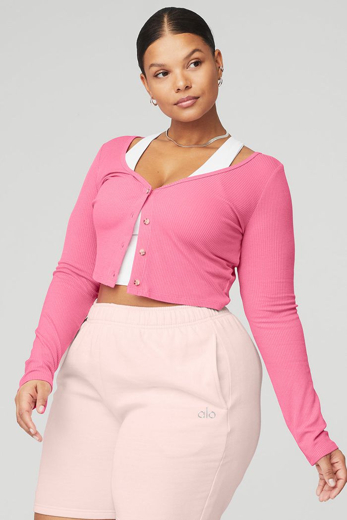 Alo Yoga Ribbed Cropped Whisper Women's Cardigan Pink Fuchsia | XWSJPHA-53