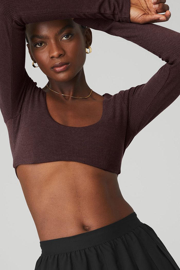 Alo Yoga Ribbed Defined Long Sleeve Women's Bras Black | OFTMCSE-54