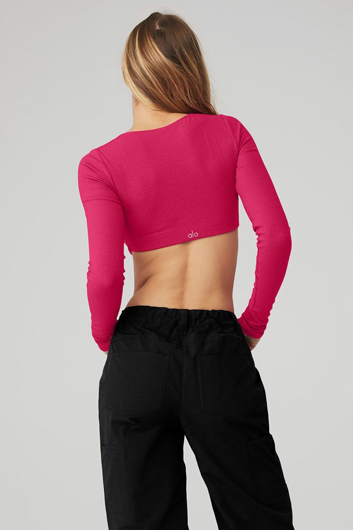 Alo Yoga Ribbed Defined Long Sleeve Women's Bras Red | SGTMQDX-72