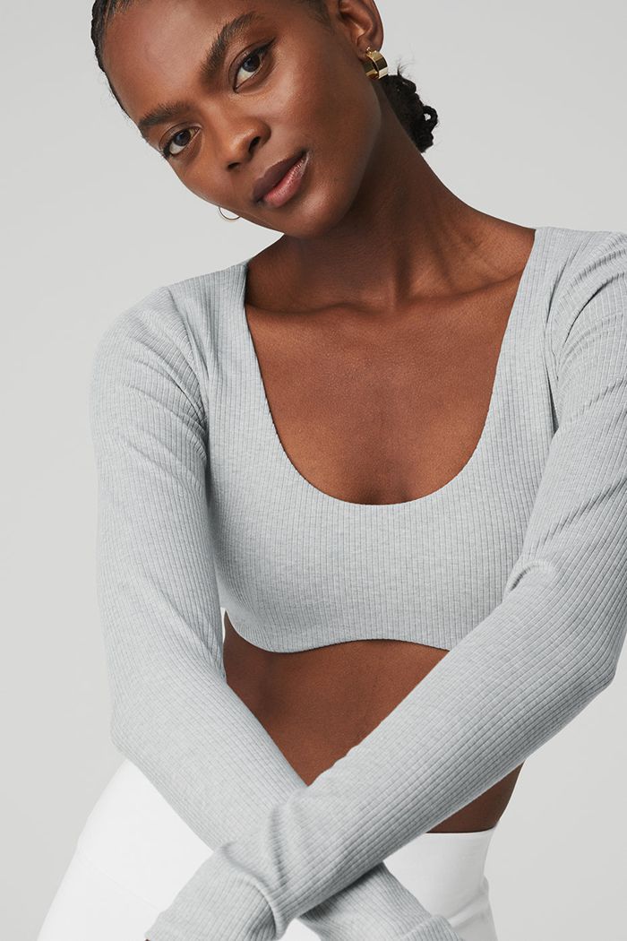 Alo Yoga Ribbed Defined Long Sleeve Women's Bras Grey | TRHISAU-97