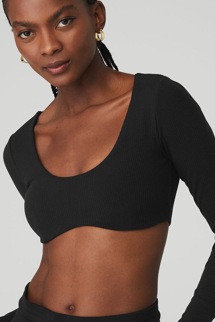 Alo Yoga Ribbed Defined Long Sleeve Women's Bras Black | VKANHOL-48