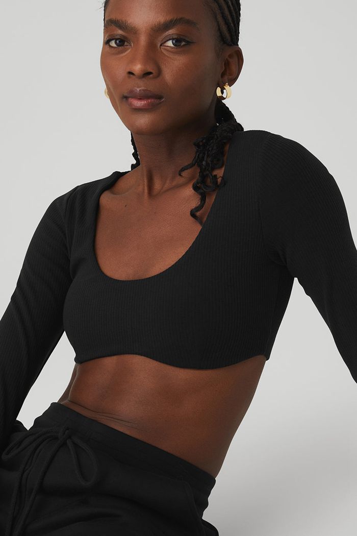 Alo Yoga Ribbed Defined Long Sleeve Women's Bras Black | VKANHOL-48