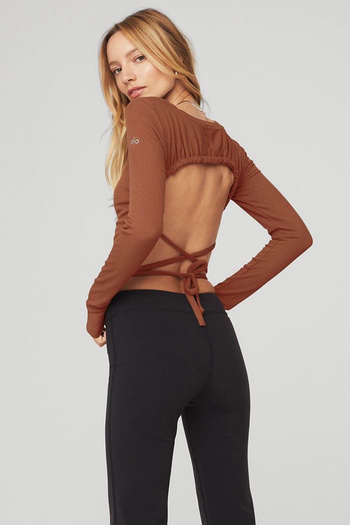 Alo Yoga Ribbed Manifest Women's Long Sleeve Red | ZCJVSHW-87