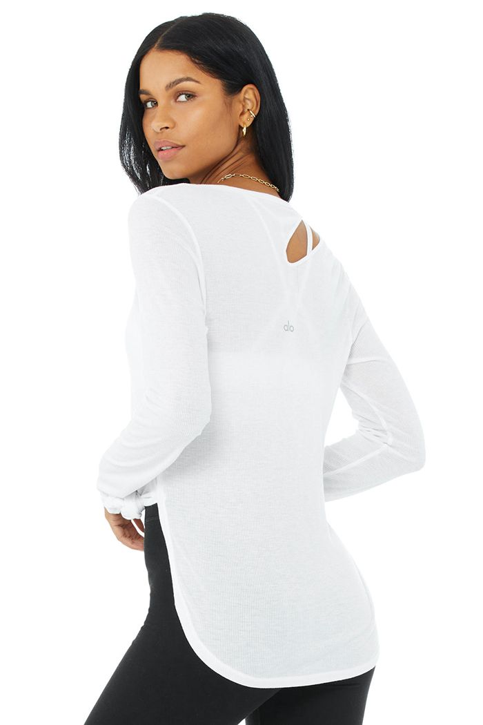 Alo Yoga Ribbed Peak Women's Long Sleeve White | CAUQRSP-81