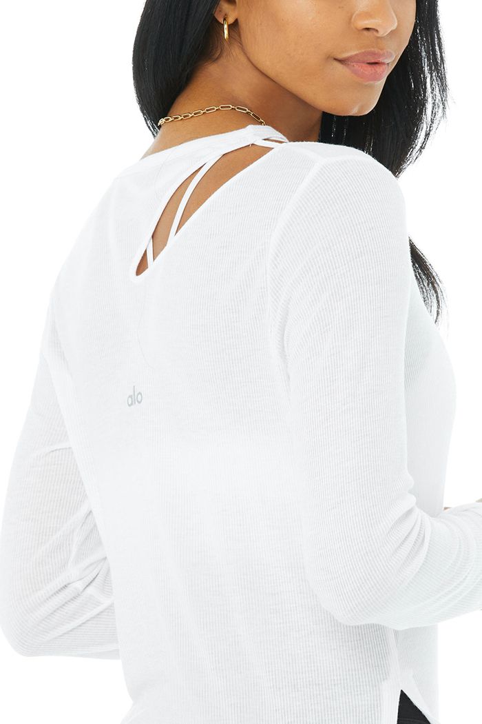 Alo Yoga Ribbed Peak Women's Long Sleeve White | CAUQRSP-81