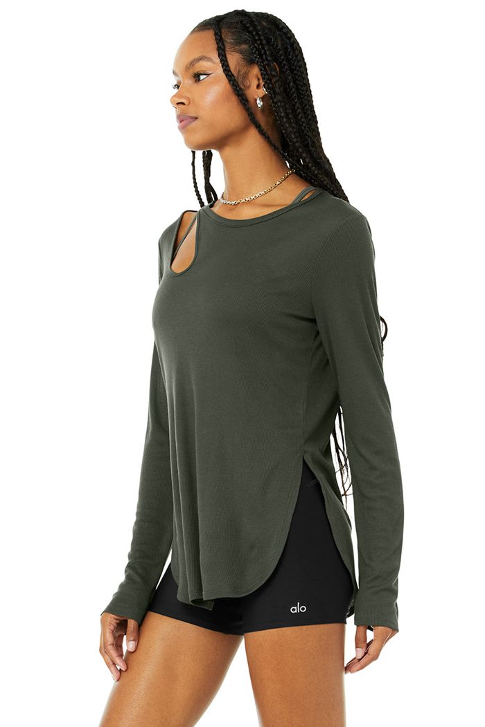 Alo Yoga Ribbed Peak Women's Long Sleeve Dark Green | DKTSMAI-05