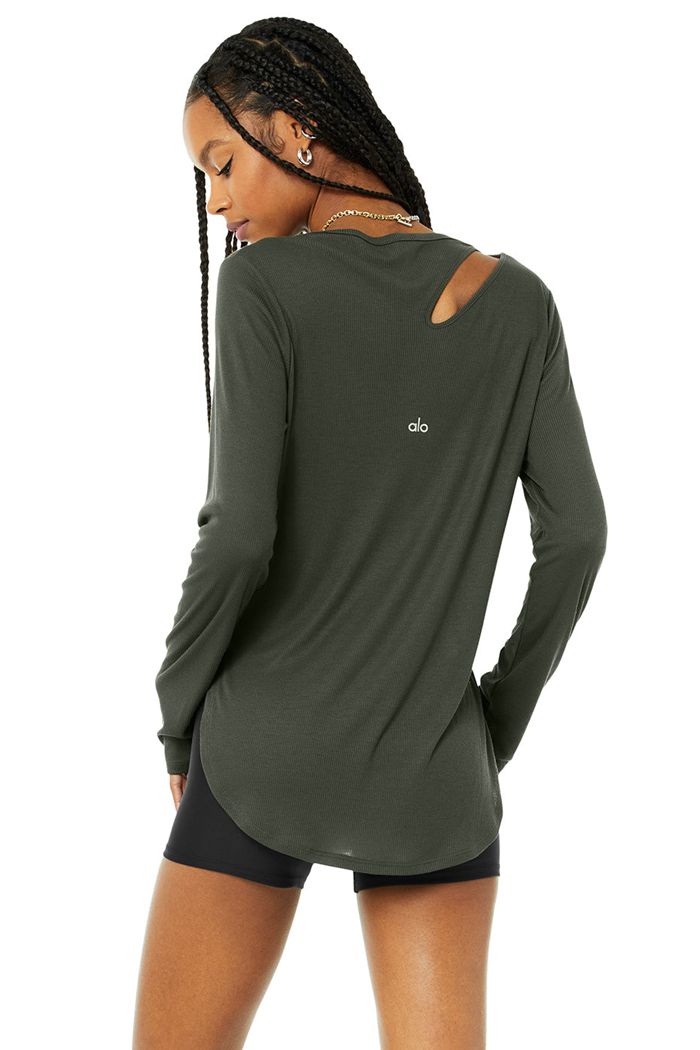 Alo Yoga Ribbed Peak Women's Long Sleeve Dark Green | DKTSMAI-05