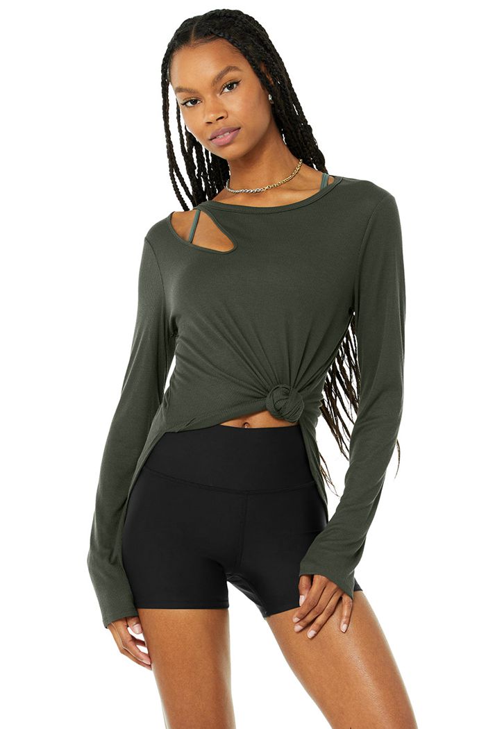 Alo Yoga Ribbed Peak Women's Long Sleeve Dark Green | DKTSMAI-05