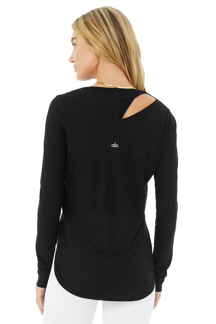 Alo Yoga Ribbed Peak Women's Long Sleeve Black | NDTZFSY-74