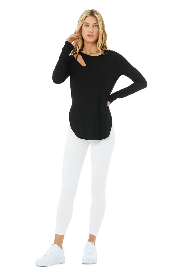 Alo Yoga Ribbed Peak Women's Long Sleeve Black | NDTZFSY-74