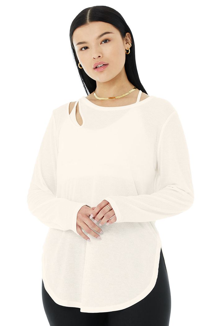 Alo Yoga Ribbed Peak Women's Long Sleeve White | NTZOHCW-48