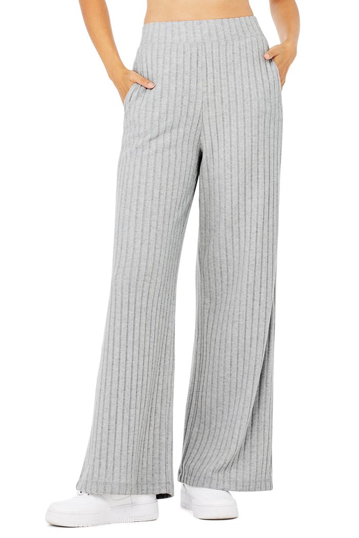 Alo Yoga Ribbed Take Comfort Wide Leg Women\'s Pants Grey | DVRCQXG-92