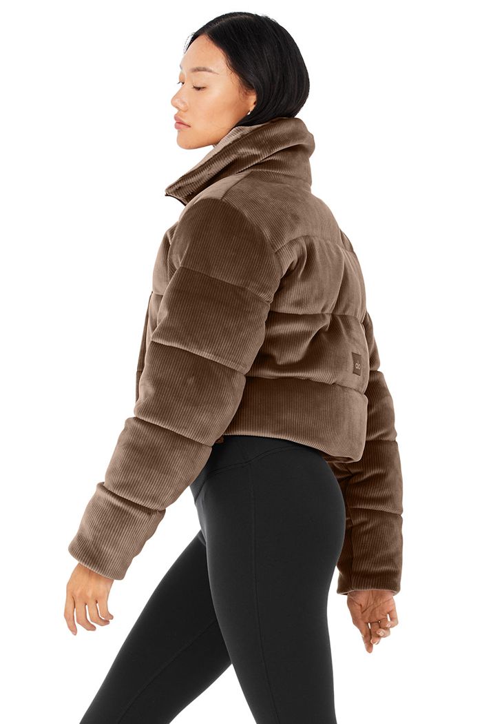 Alo Yoga Ribbed Velour Gold Rush Puffer Women's Jackets Brown | SRHXFUQ-14