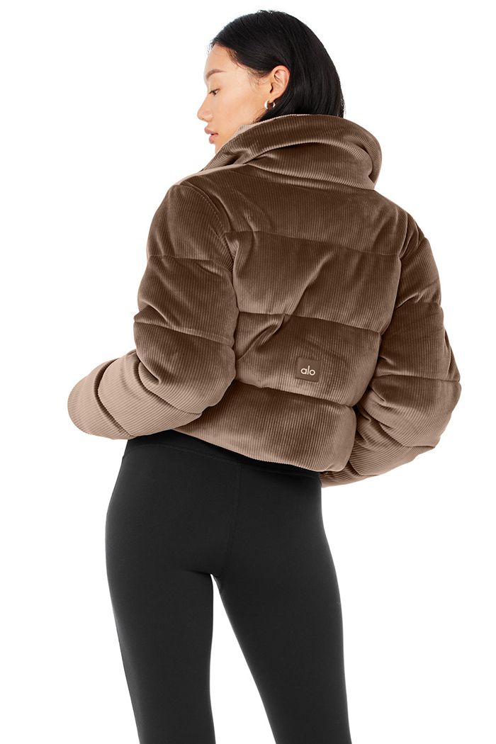 Alo Yoga Ribbed Velour Gold Rush Puffer Women's Jackets Brown | SRHXFUQ-14