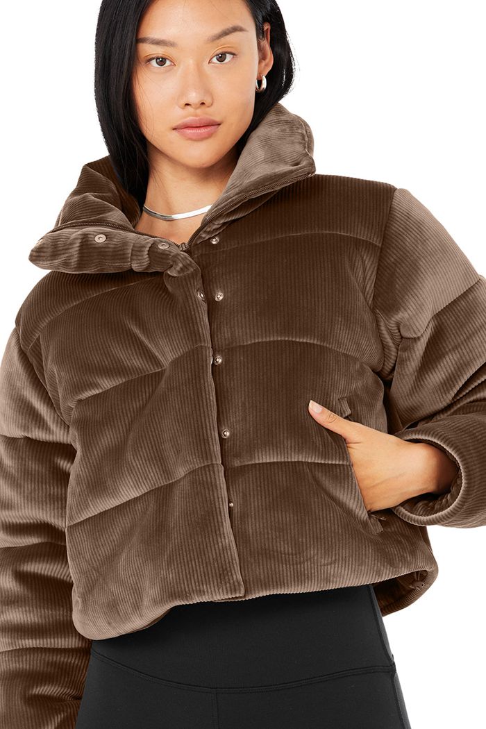 Alo Yoga Ribbed Velour Gold Rush Puffer Women's Jackets Brown | SRHXFUQ-14