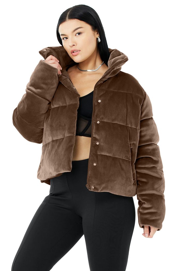 Alo Yoga Ribbed Velour Gold Rush Puffer Women's Jackets Brown | SRHXFUQ-14